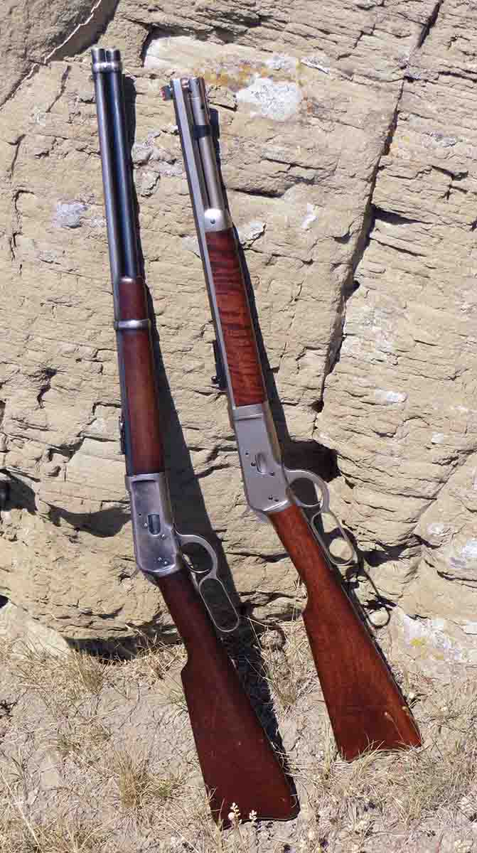 A standard Winchester Model 1892 saddle ring carbine (left) compared to the Chiappa Model 1892 .44 Magnum carbine (right).